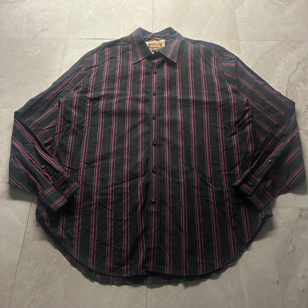 Michael Michael Kors Button Down Shirt Black Red Stripe Mens Large Long Sleeve